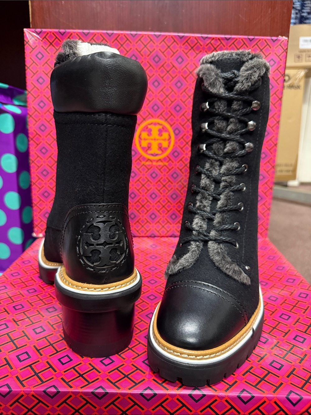 Tory Burch Black Lace-Up Fur-Trim Platform Boots